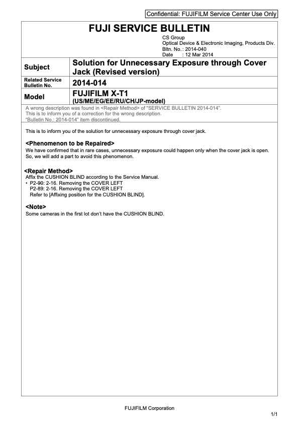 Fujifilm X-T1 technical manual preview