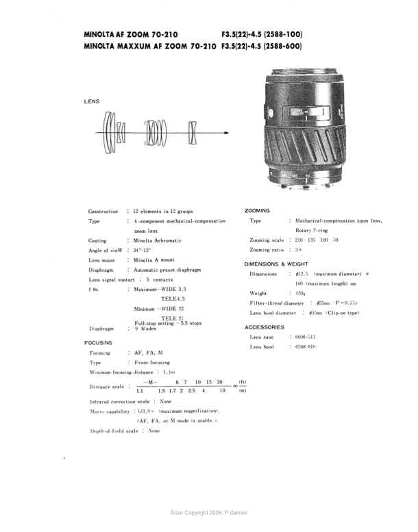 Minolta 70-210 technical manual preview