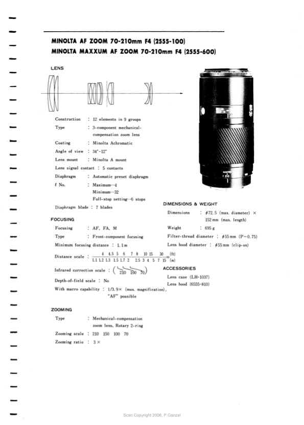 Minolta 70-210 technical manual preview