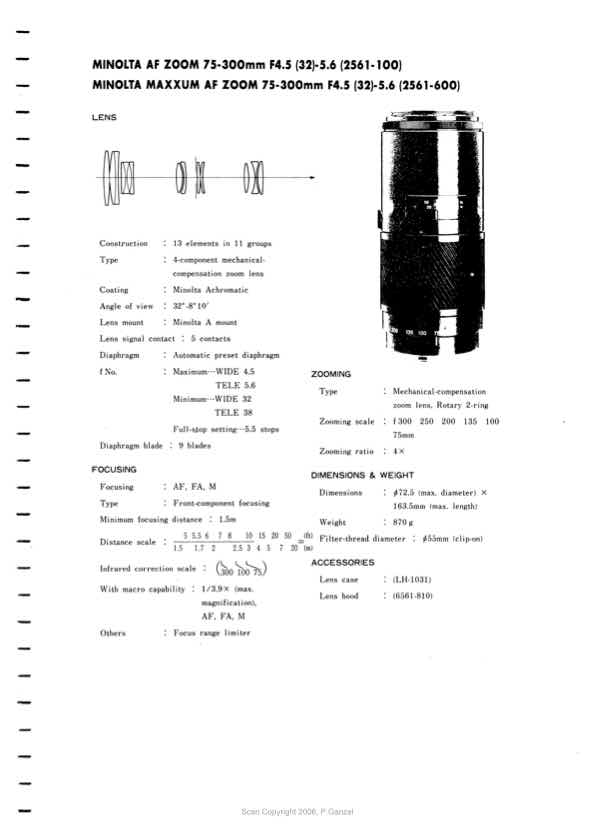Minolta 75-300 technical manual preview