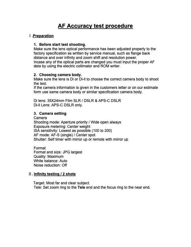 Tamron AF Accuracy test procedure technical manual preview