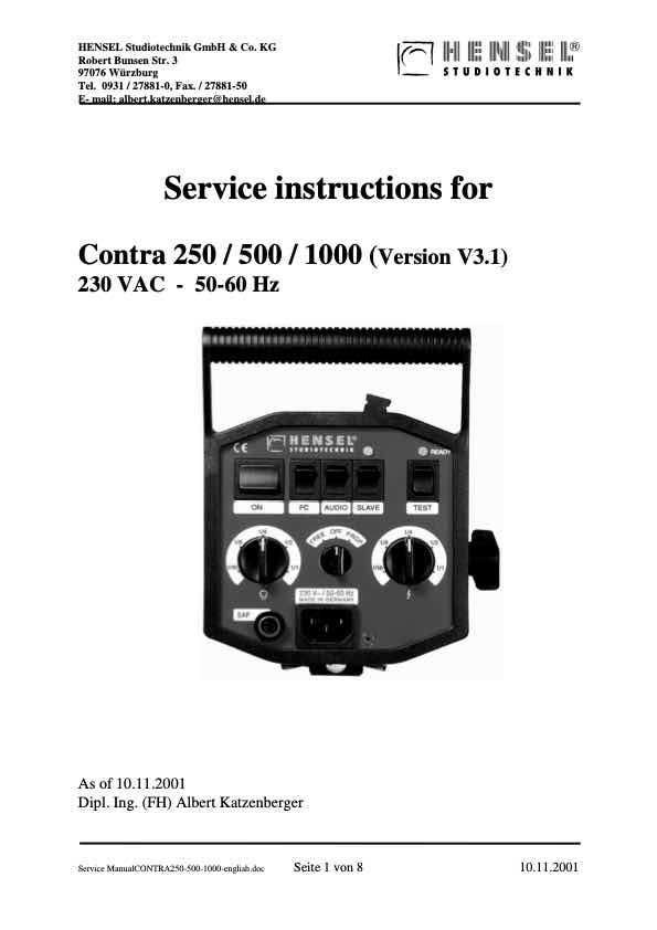 Hensel CONTRA 250-500-1000 technical manual preview