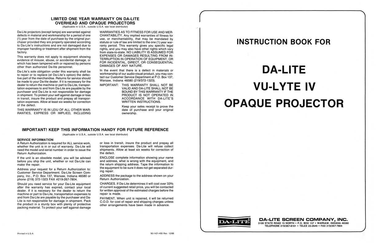 Da Lite VU-LYTE IV technical manual preview