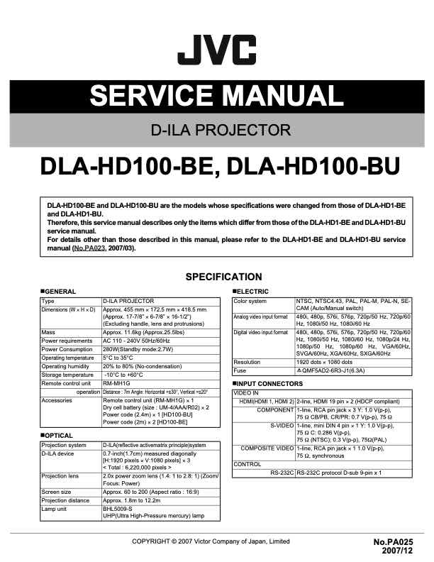 JVC DLA-HD100 technical manual preview