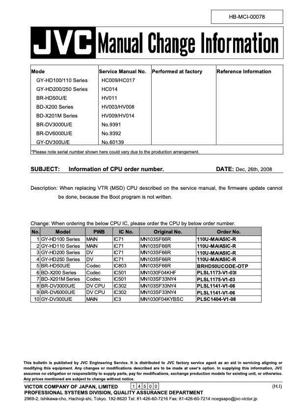 JVC BD-X200E technical manual preview