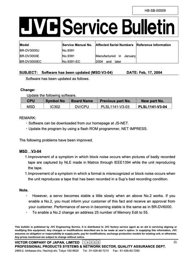 JVC BR-DV3000E technical manual preview