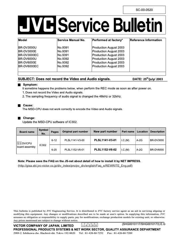 JVC BR-DV3000E technical manual preview